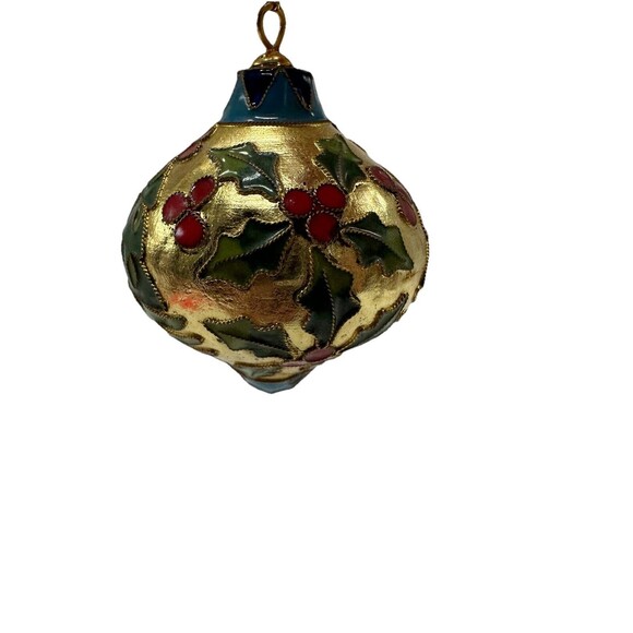 Vintage Gold Cloisonne Enamel Holly Berry Branch Design Christmas Tree Ornament - Picture 2 of 11